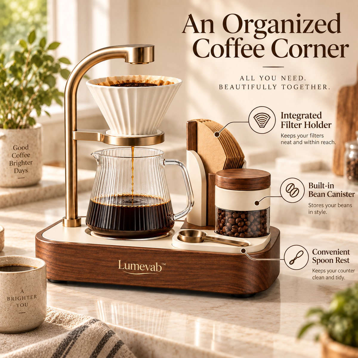 Lumevab™ Modular Coffee Brewing Station with Glass Carafe and Home Coffee Organizer